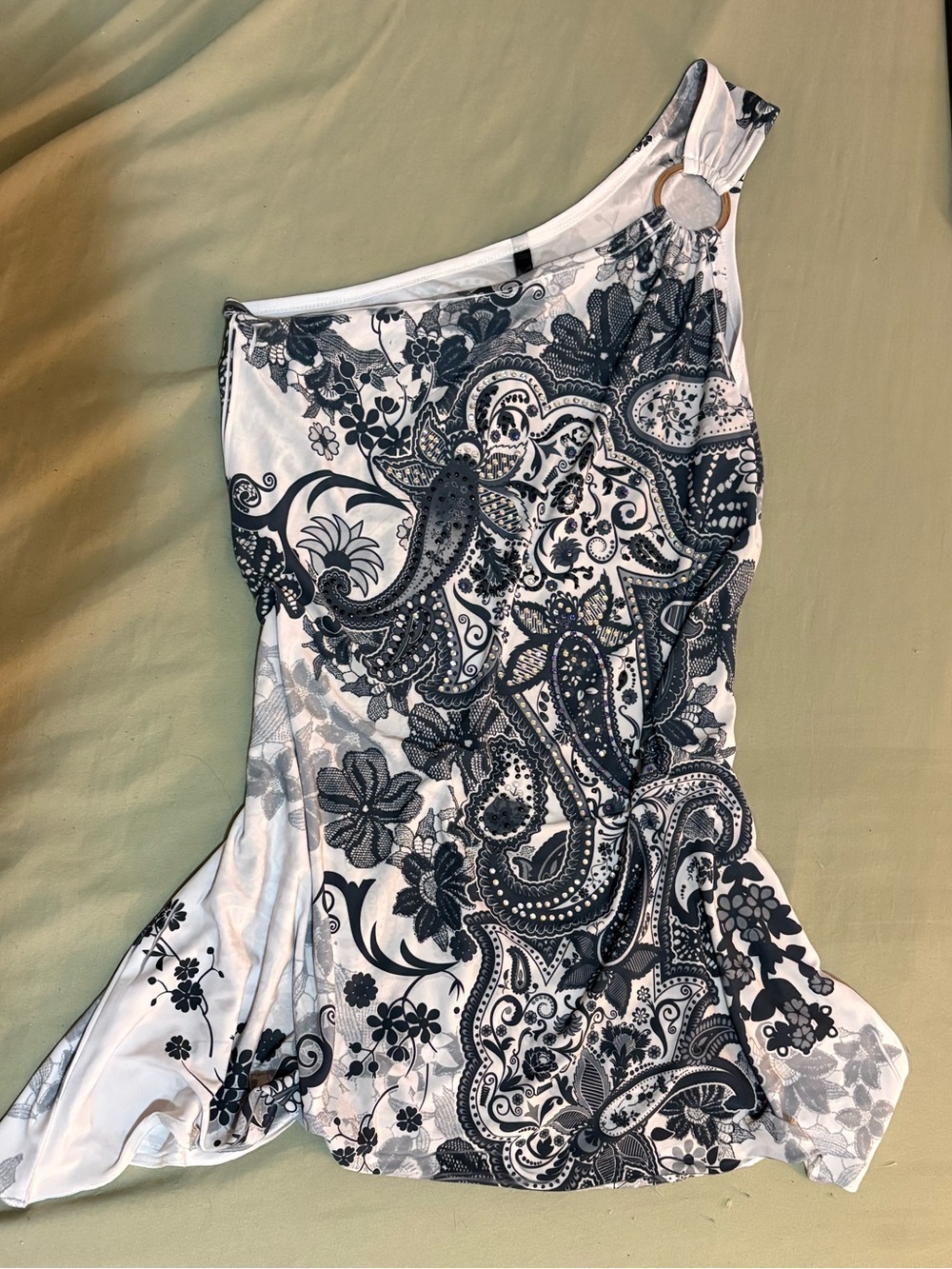 Y2K Vintage One-Shoulder Paisley Print Top White and Grey